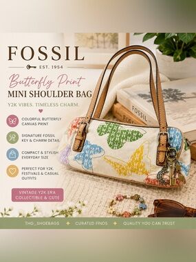 Fossil Butterfly Print Mini Shoulder Bag Y2K Canvas Charm Purse